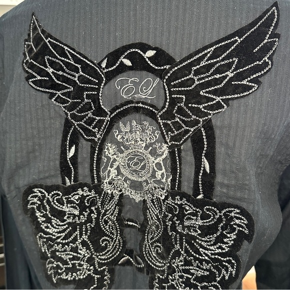 English Laundry Black Embroidered Gothic Winged Crest Dress Shirt | Size Small - Picture 4 of 16